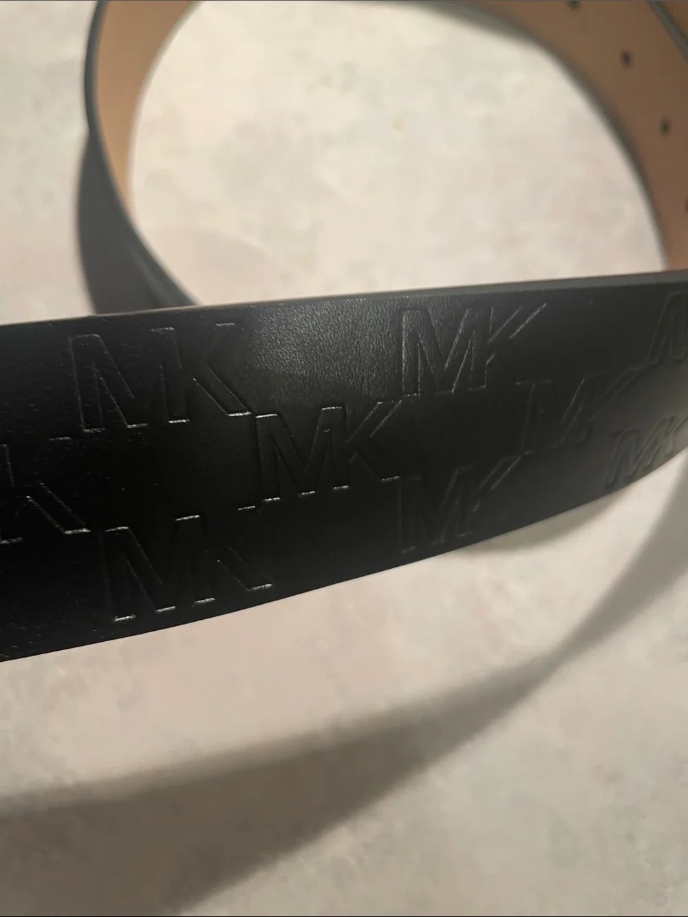New Michael Kors Black Embossed MK Leather Belt with Gold-Tone Buckle